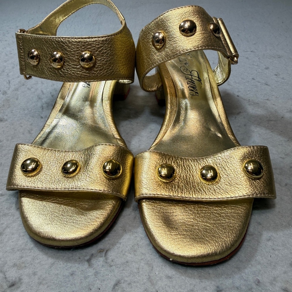 Claire Flowers Block Heel Sandals Women 7 Gold Studded Pink Sole Italian Leather